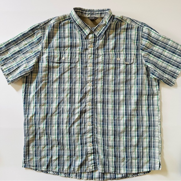 Eddie Bauer TraveX Shirt Men’s SZ XL Blue Green Plaid Button Up Polyester Nylon - Picture 1 of 7